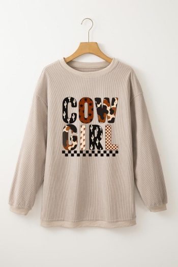 Women Sweatshirts | Smoke Gray Letter Print Corduroy Baggy Sweatshirt
